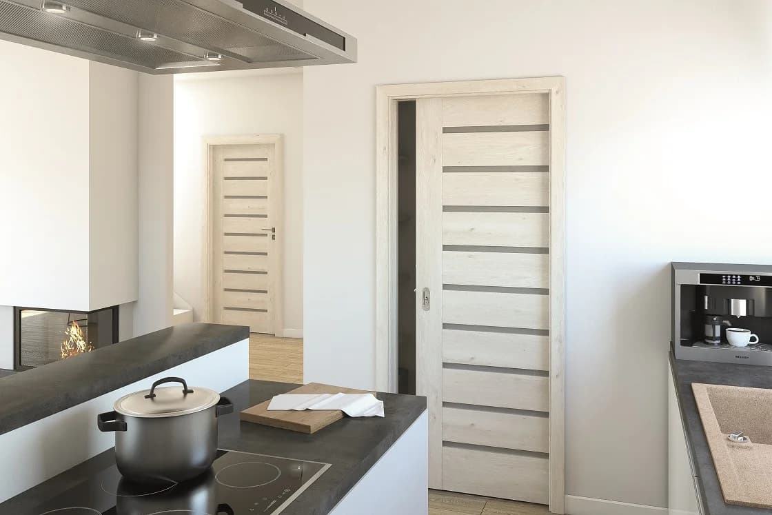 Proiect de amenajare a unui apartament mic. Ușă glisantă Porta Concept A.9 cu casetă ascunsă în perete