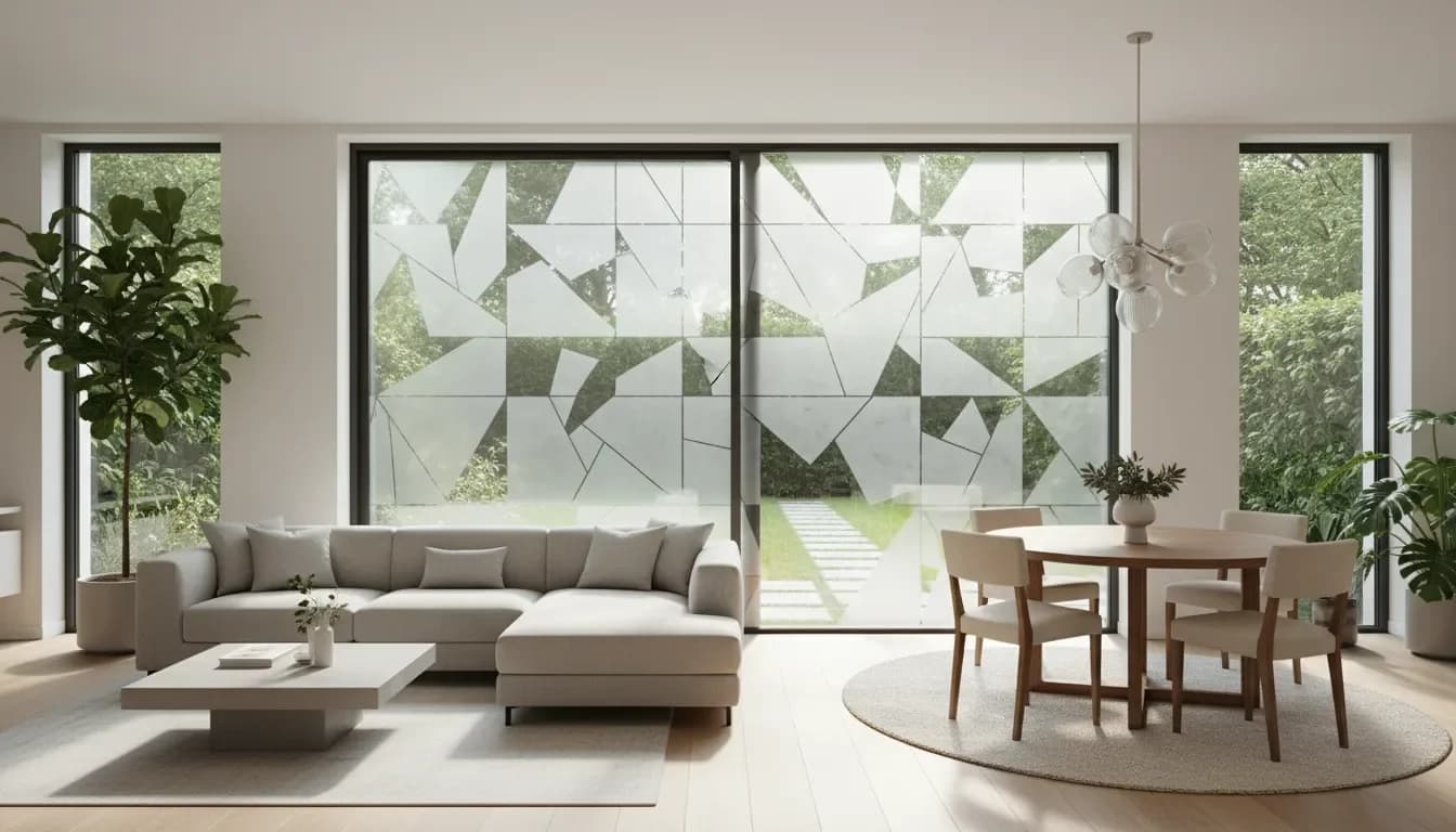 Ușă glisantă cu sticlă sablată geometric integrată într-un living modern