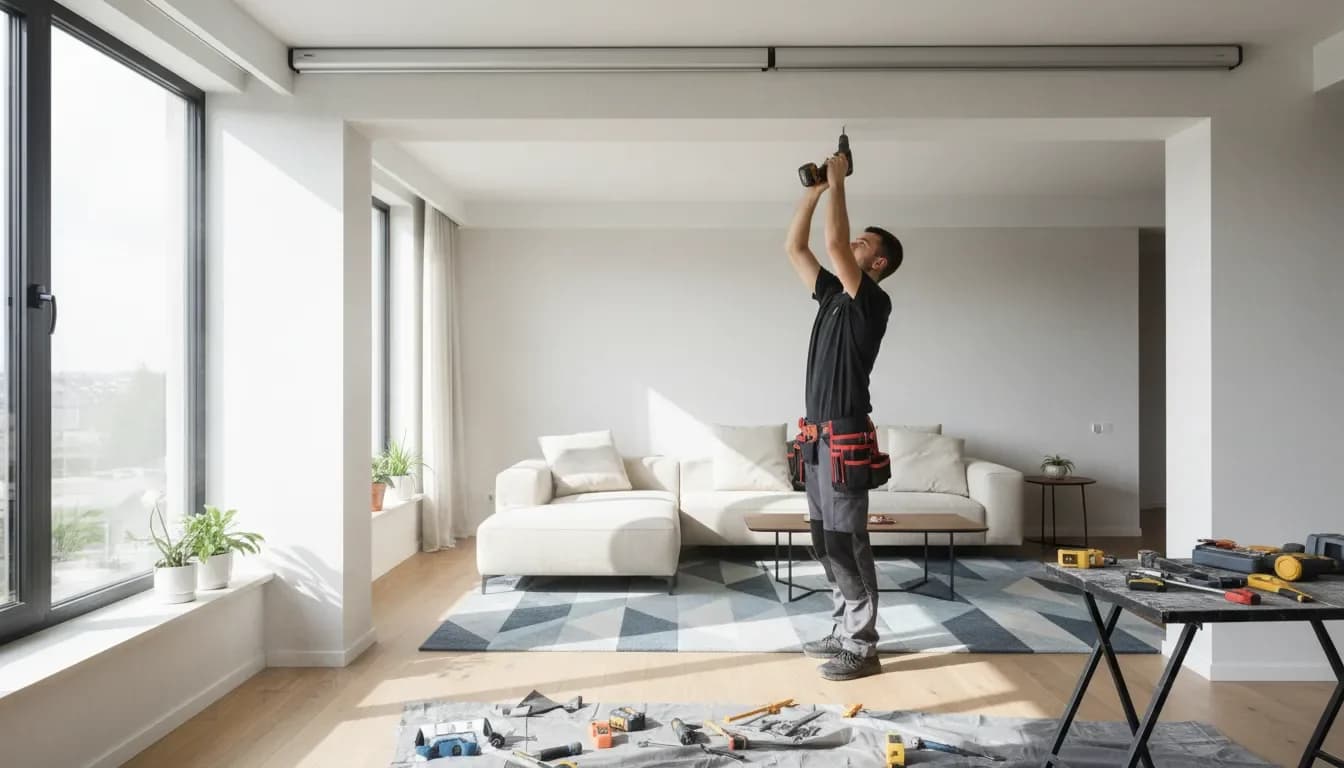 Muncitor instalează sistemul de glisare a unei uși din sticlă în living