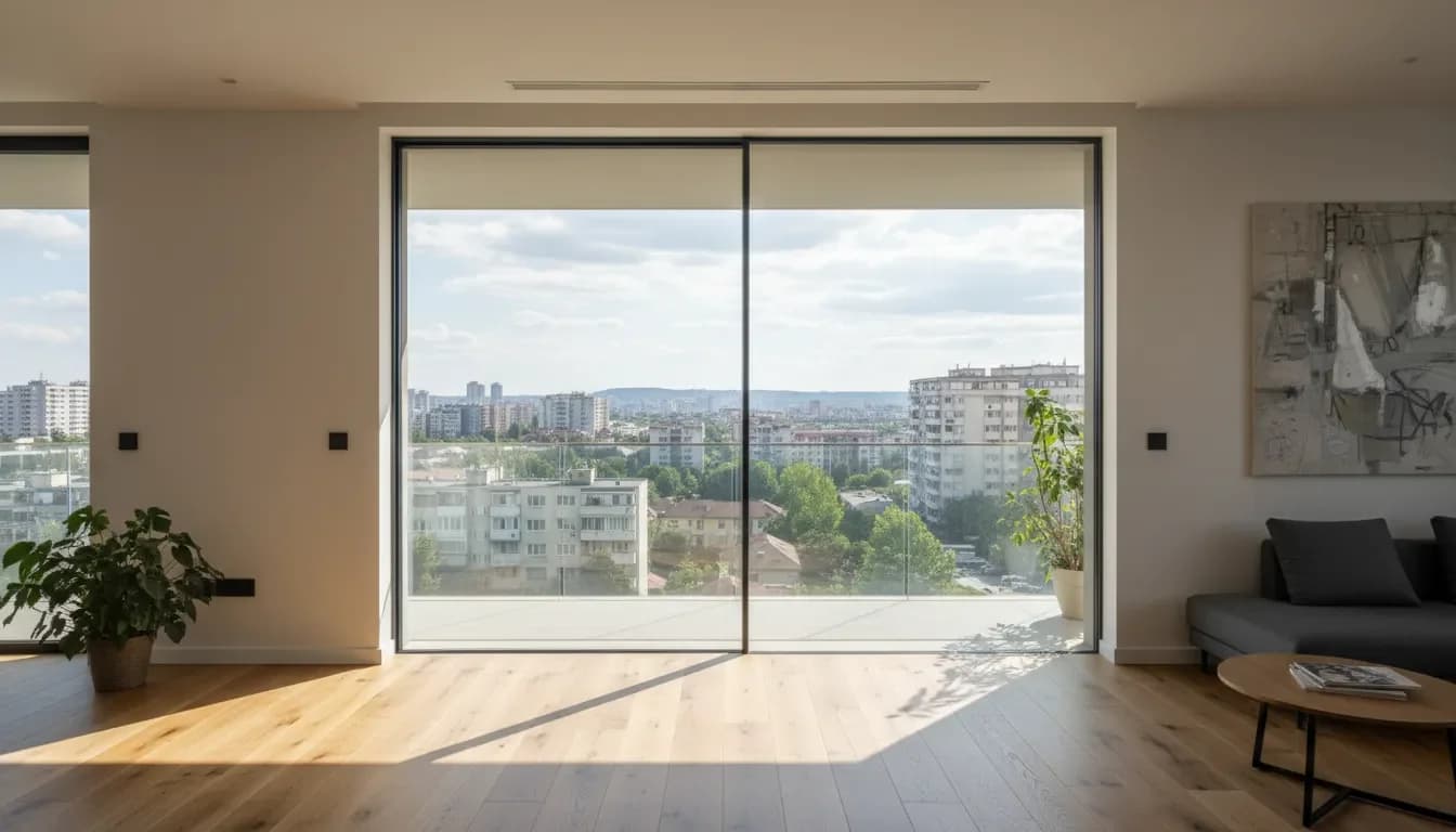 Ușă glisantă din sticlă separă livingul de hol într-un apartament modern
