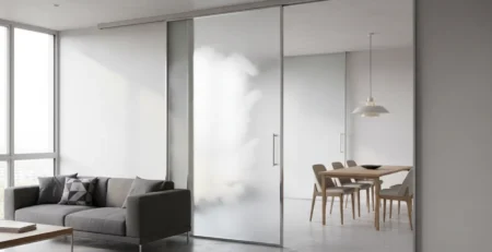 Separare elegantă cu ușă glisantă cu sticlă sablată între living și dining