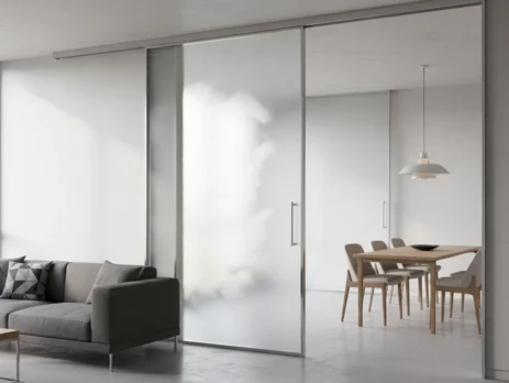 Separare elegantă cu ușă glisantă cu sticlă sablată între living și dining