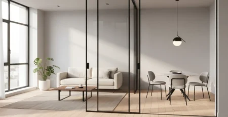 Ușă glisantă din sticlă separă elegant livingul de dining într-o locuință modernă